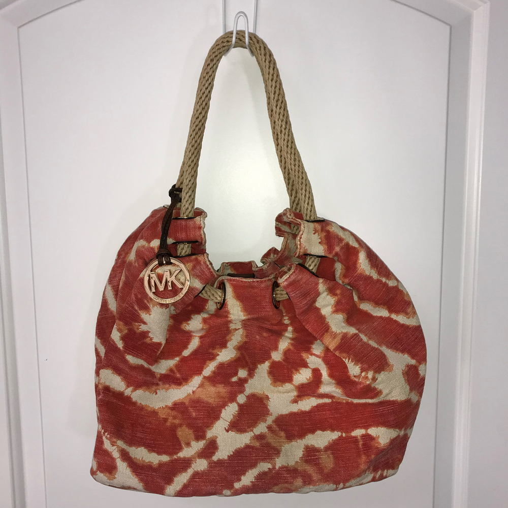 Michael Kors Canvas Tie Dye Red and Cream Tote EUC